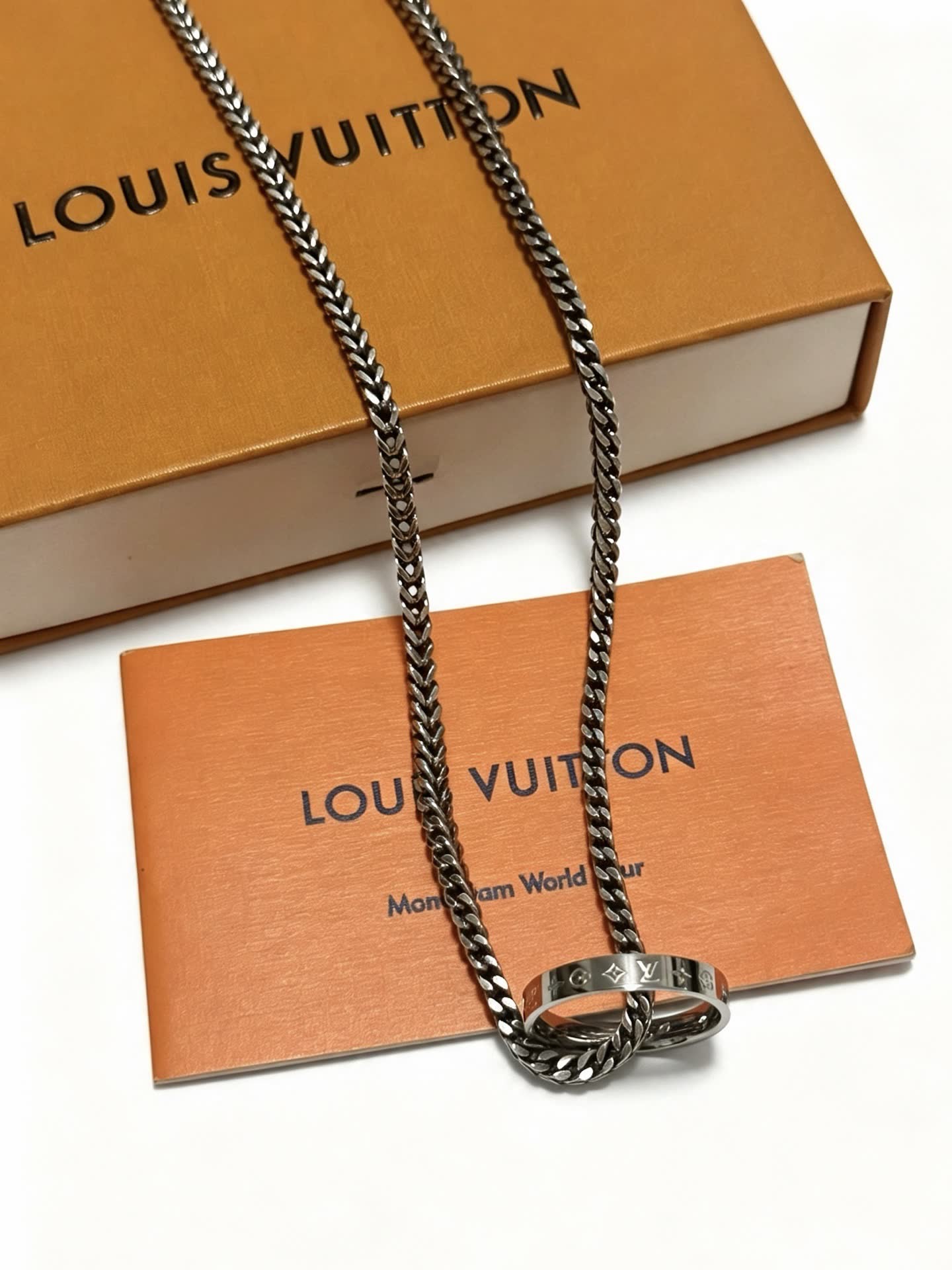 Louis Vuitton Silver Chain Necklace with Ring and Logo Charm